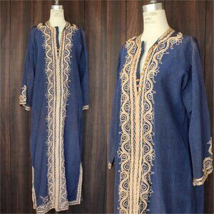 Vintage Moroccan Caftan, Blue and Gold Tunic or Dress, Traditional Middle Easter